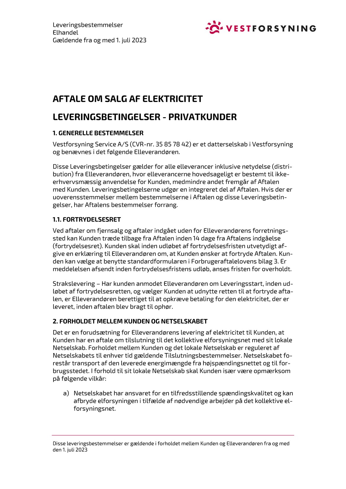 Leveringsbetingelser for privatkunder